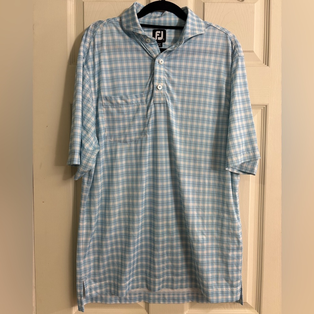 FootJoy Men's Light Blue and White Plaid Golf Polo Summer Breathable Active Top